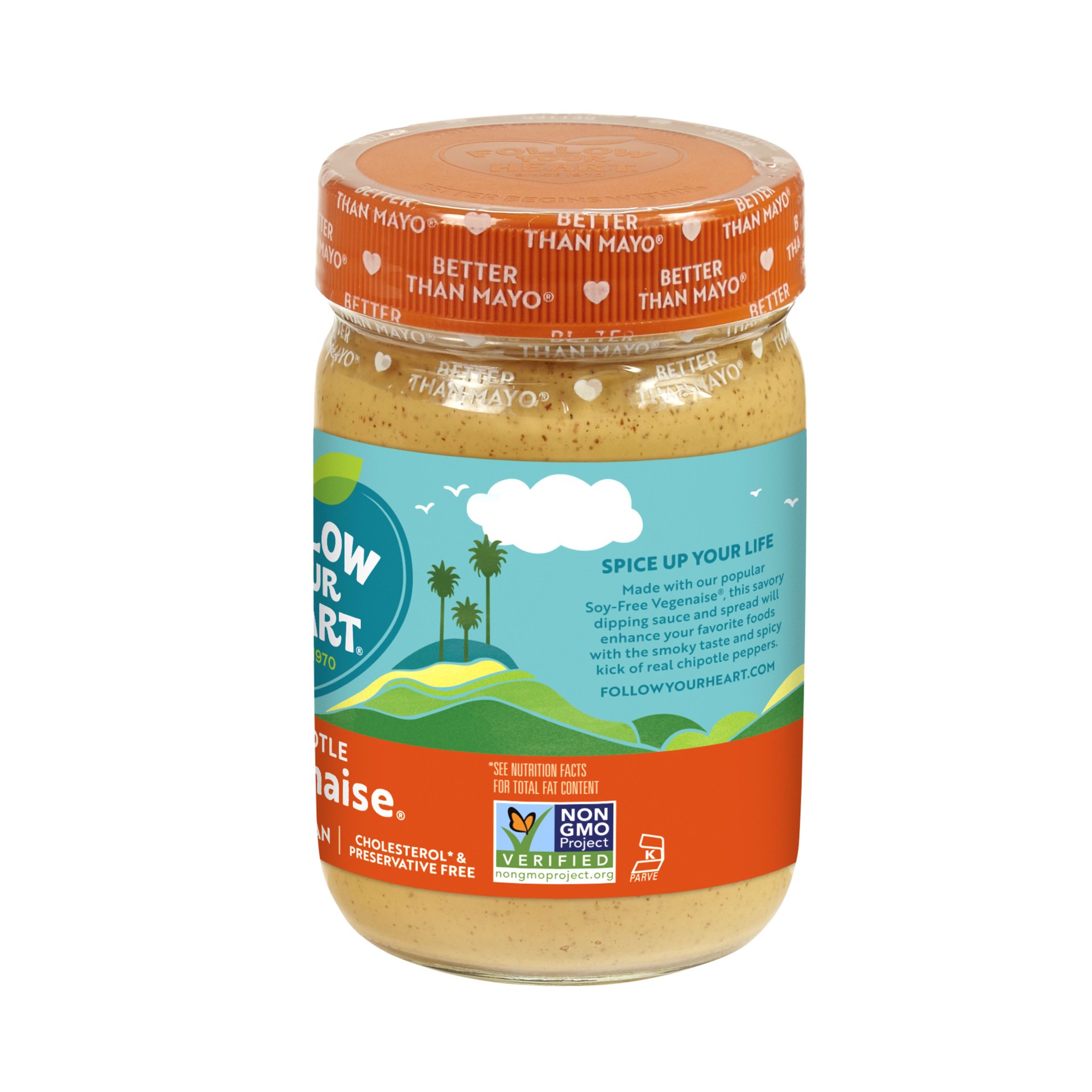 slide 4 of 5, Follow Your Heart Vegenaise, Chipotle, Soy Free, Egg Free, Dairy Free Mayo, Creamy Dressing and Sandwich Spread with the Spicy Kick of Real Chipotle Peppers, 12 FL OZ Jar, 12 fl oz