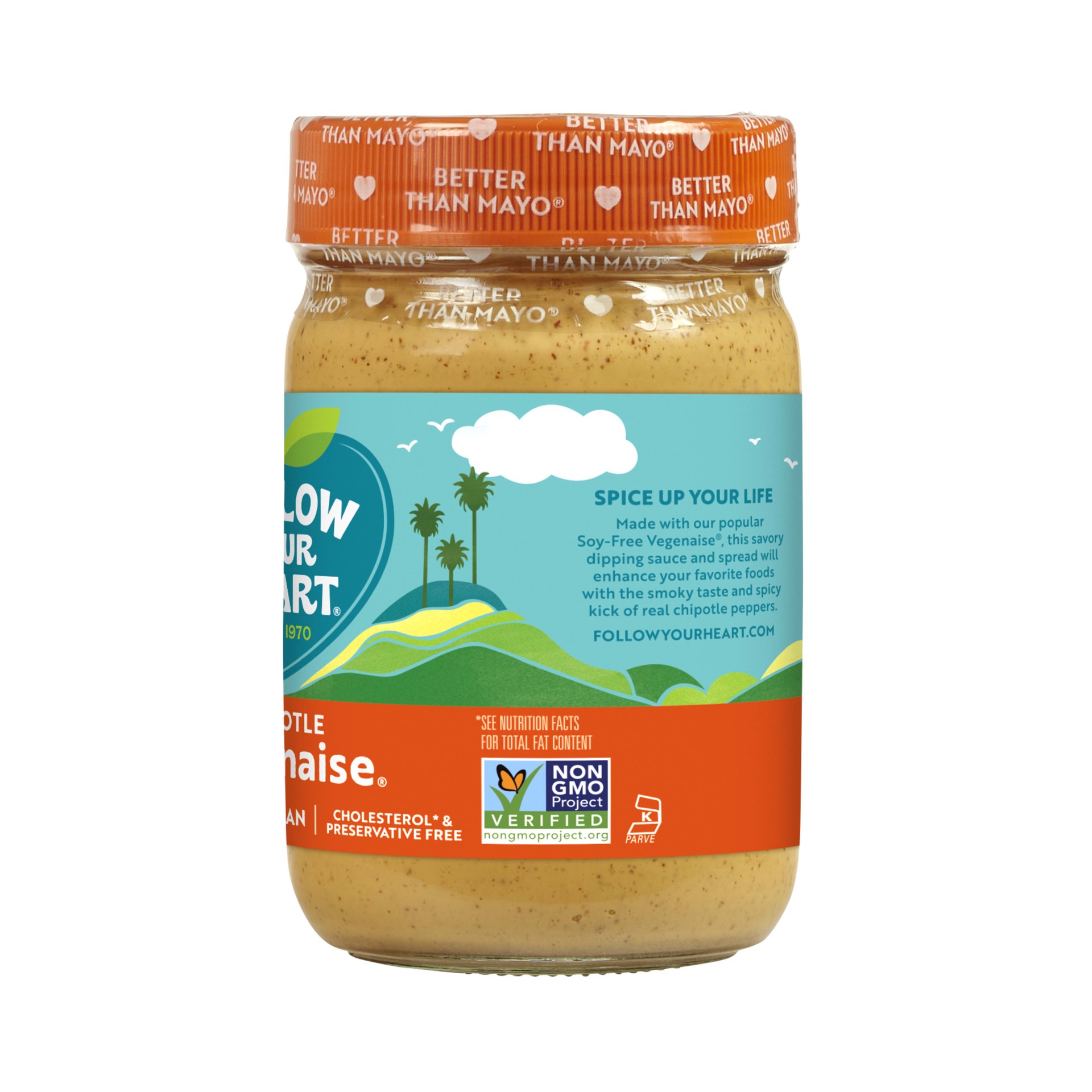 slide 5 of 5, Follow Your Heart Vegenaise, Chipotle, Soy Free, Egg Free, Dairy Free Mayo, Creamy Dressing and Sandwich Spread with the Spicy Kick of Real Chipotle Peppers, 12 FL OZ Jar, 12 fl oz