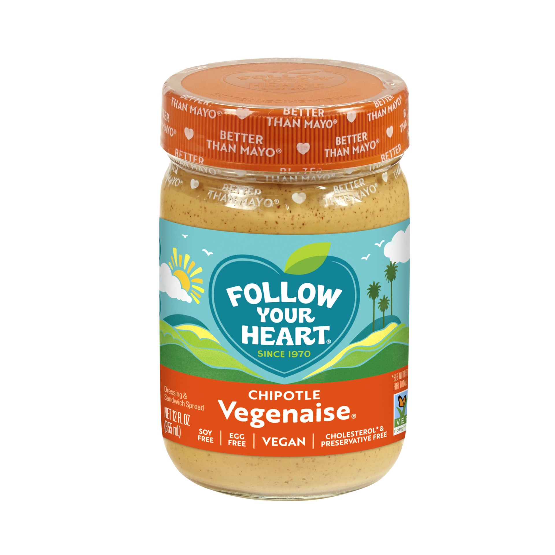 slide 1 of 5, Follow Your Heart Vegenaise, Chipotle, Soy Free, Egg Free, Dairy Free Mayo, Creamy Dressing and Sandwich Spread with the Spicy Kick of Real Chipotle Peppers, 12 FL OZ Jar, 12 fl oz