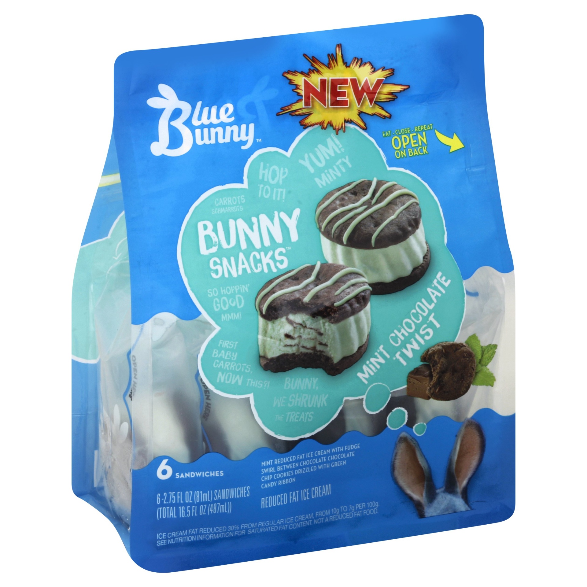 slide 1 of 1, Blue Bunny Ice Cream Sandwiches, Reduced Fat, Mint Chocolate Twist, 6 ct
