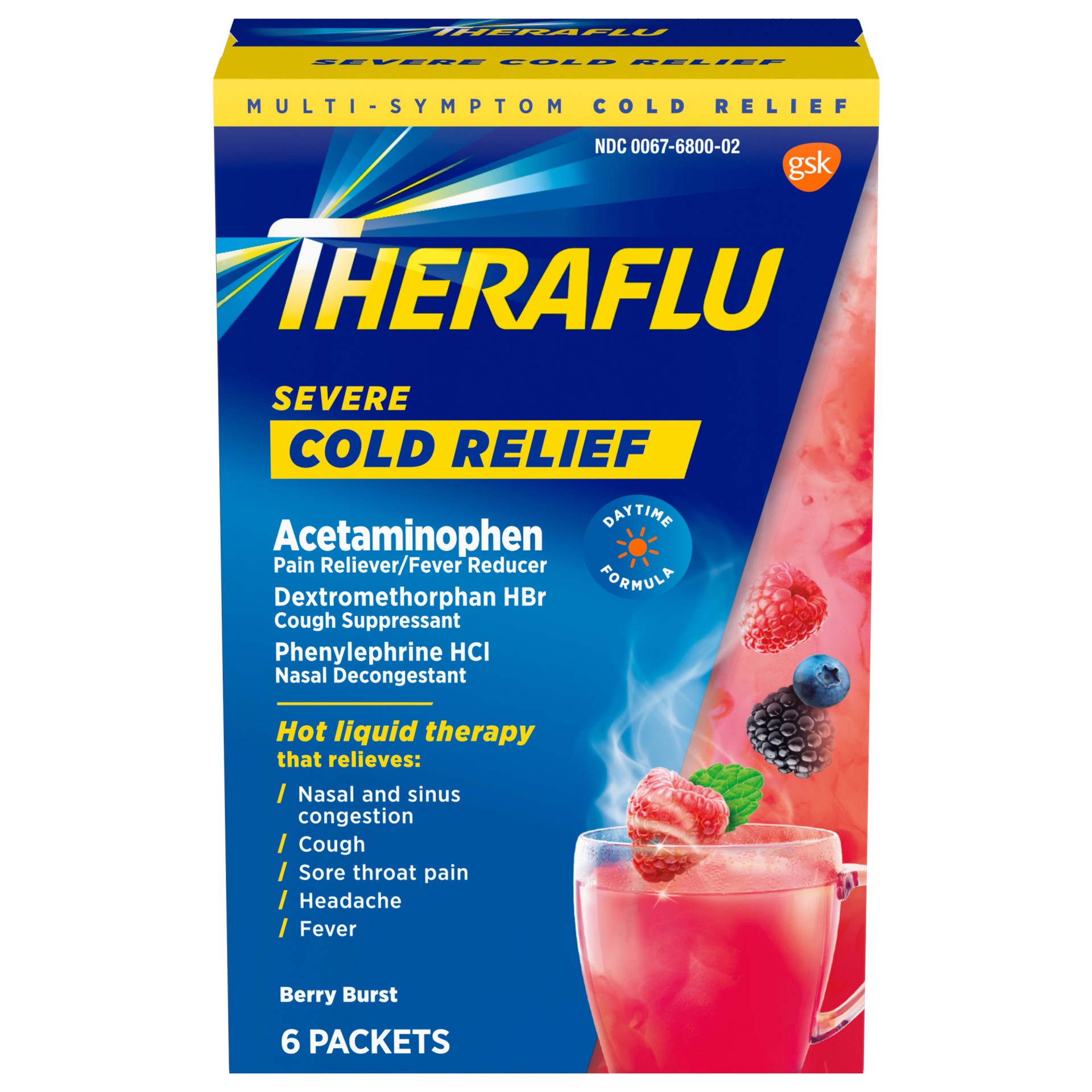 slide 1 of 3, Theraflu Daytime Severe Cold Relief Powder, Berry Burst Flavor, 6 Count, 