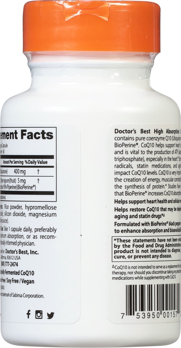 slide 9 of 10, Doctor's Best High Absorption 400 mg CoQ10 with BioPerine 60 Veggie Caps, 60 ct