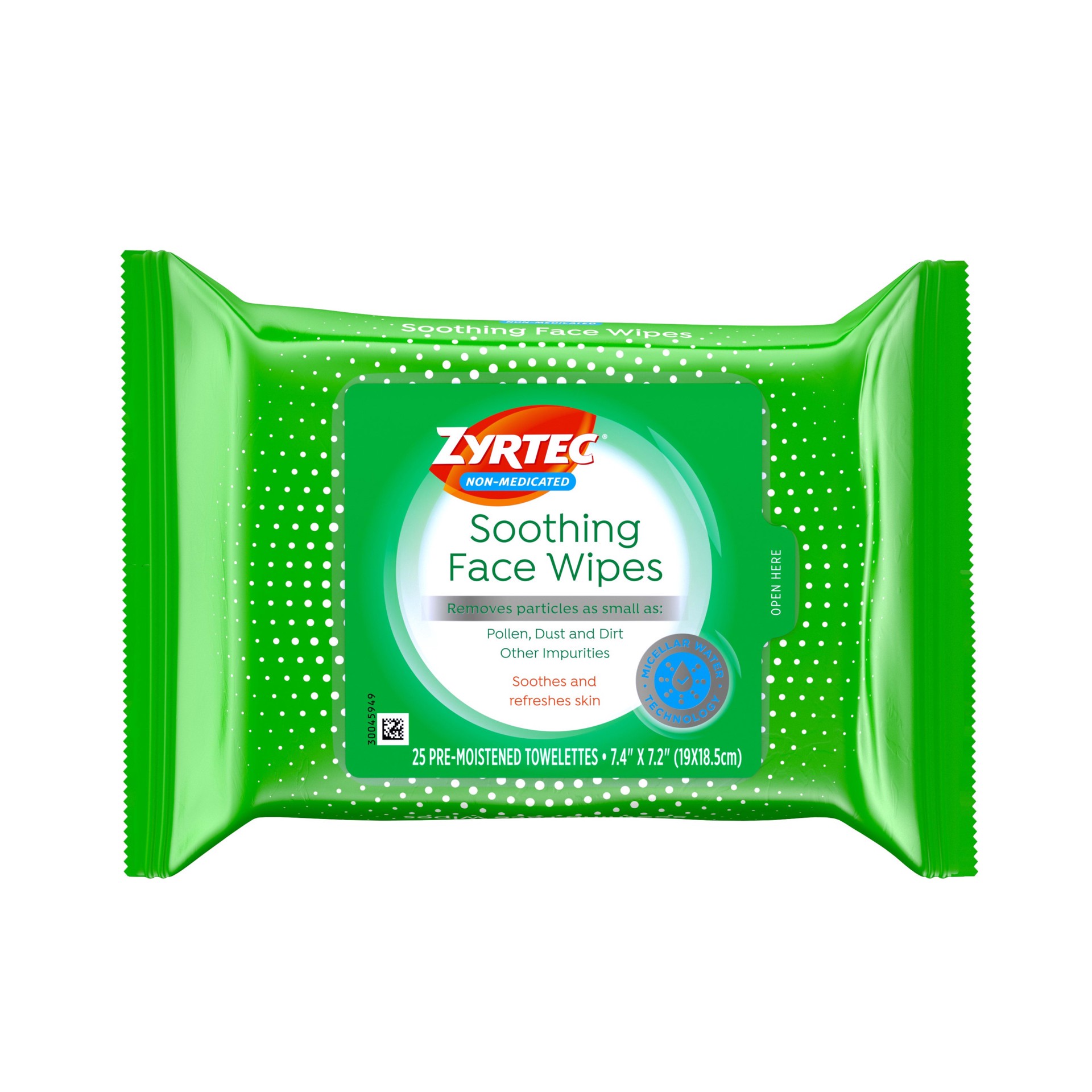 slide 4 of 5, Zyrtec Soothing Face Wipes, Gentle, Refreshing Non-Medicated Micellar Water Facial Towelettes Remove Particles as Small as Dust, Pollen, Dirt & Other Impurities, Alcohol- & Oil-Free, 25 ct, 25 ct