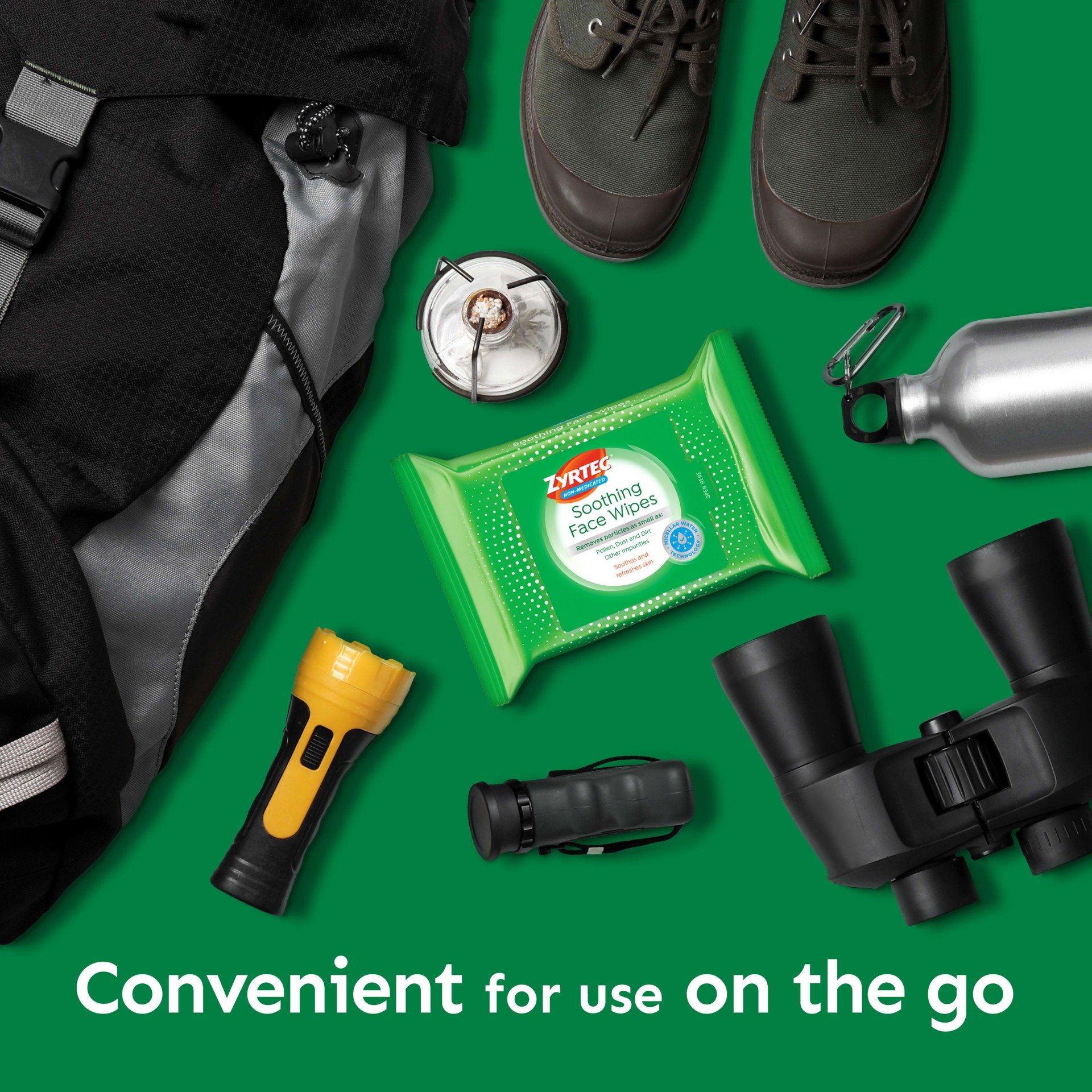 slide 5 of 5, Zyrtec Soothing Face Wipes, Gentle, Refreshing Non-Medicated Micellar Water Facial Towelettes Remove Particles as Small as Dust, Pollen, Dirt & Other Impurities, Alcohol- & Oil-Free, 25 ct, 25 ct