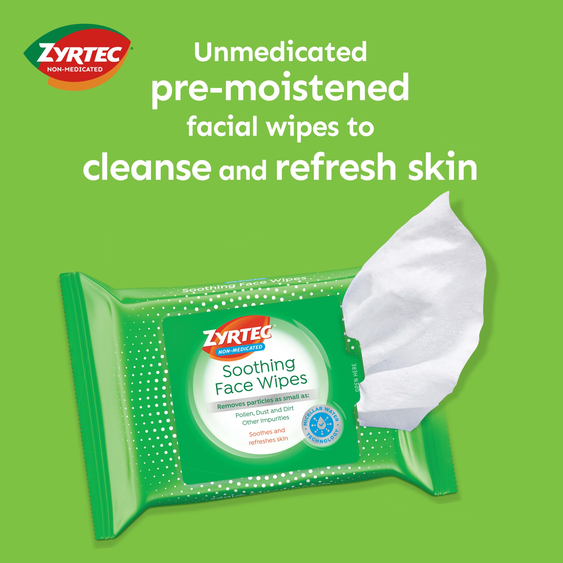slide 3 of 5, Zyrtec Soothing Face Wipes, Gentle, Refreshing Non-Medicated Micellar Water Facial Towelettes Remove Particles as Small as Dust, Pollen, Dirt & Other Impurities, Alcohol- & Oil-Free, 25 ct, 25 ct