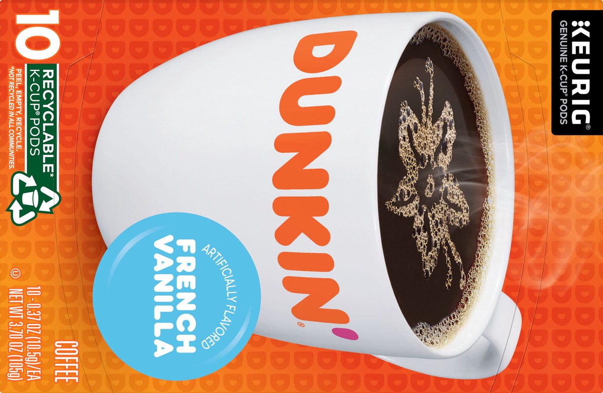 slide 9 of 10, Dunkin'' French Vanilla, Artificially Flavored Coffee, K-Cup Pods, 10 Count Box, 10 ct