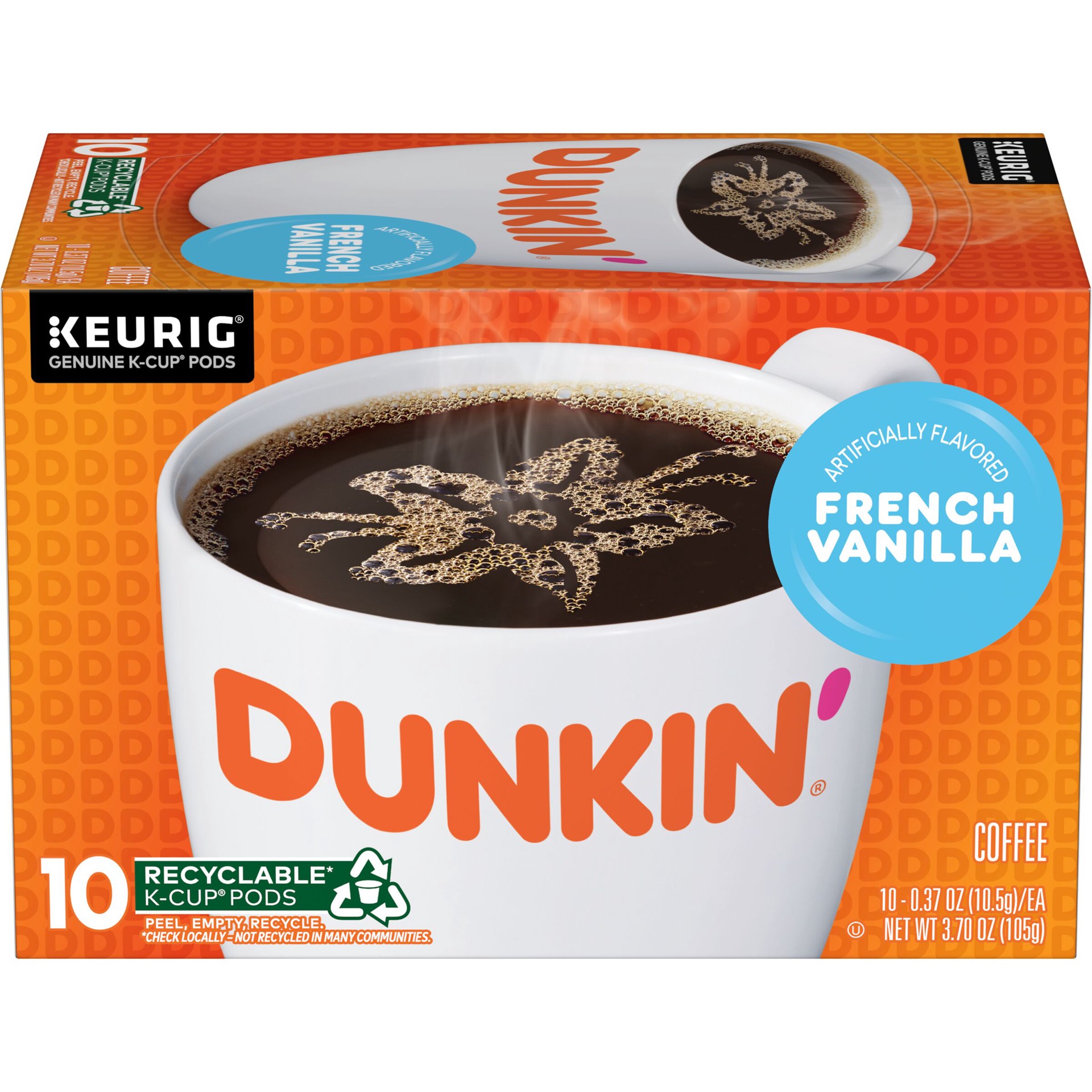slide 1 of 10, Dunkin'' French Vanilla, Artificially Flavored Coffee, K-Cup Pods, 10 Count Box, 10 ct