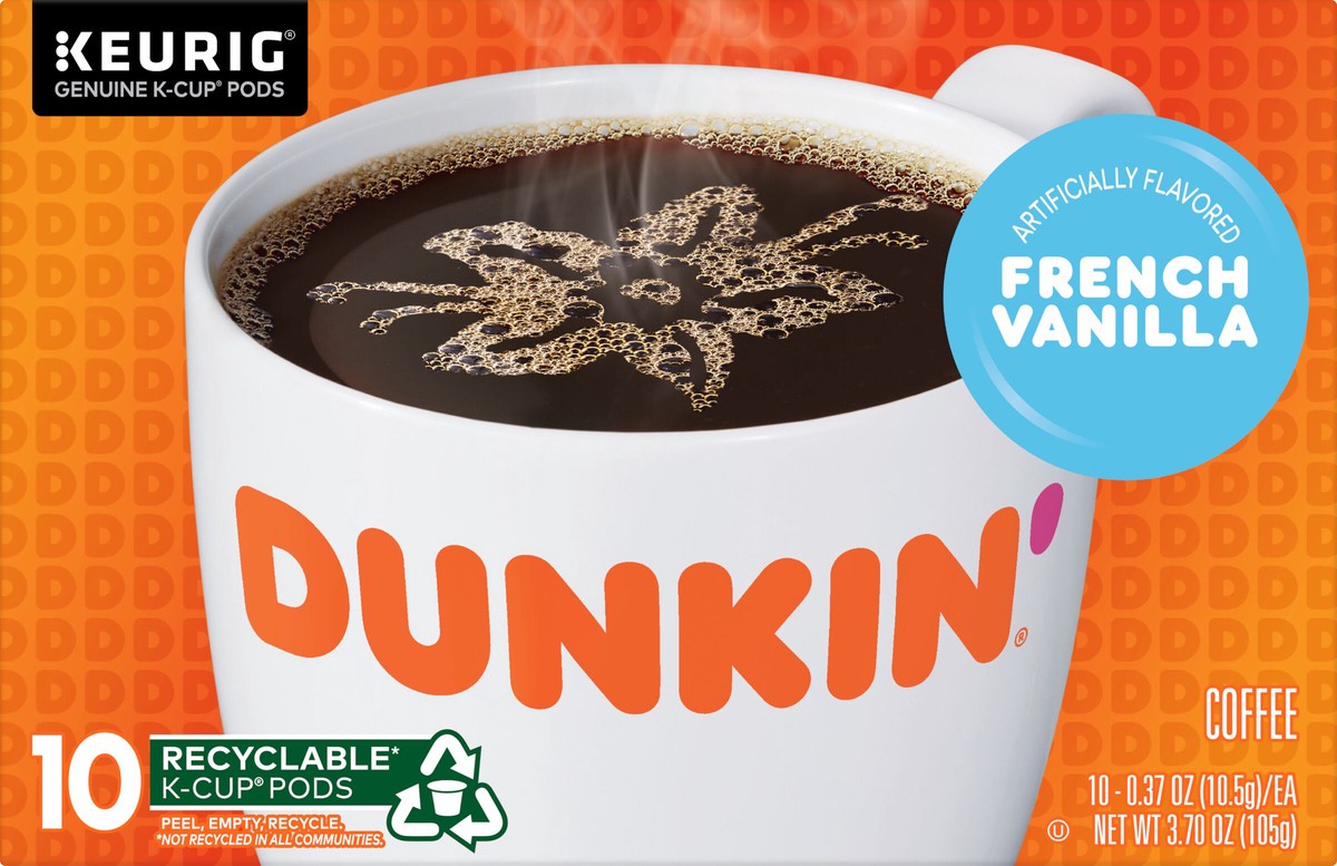 slide 6 of 10, Dunkin'' French Vanilla, Artificially Flavored Coffee, K-Cup Pods, 10 Count Box, 10 ct