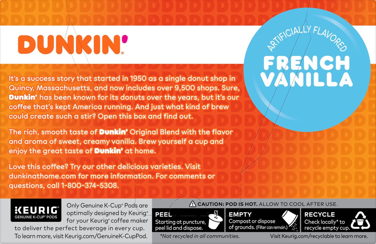 slide 10 of 10, Dunkin'' French Vanilla, Artificially Flavored Coffee, K-Cup Pods, 10 Count Box, 10 ct