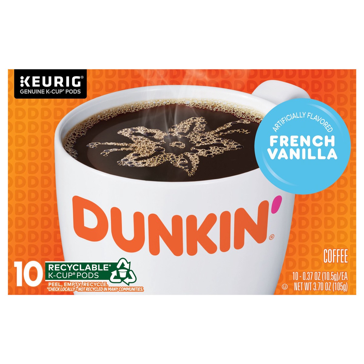slide 1 of 10, Dunkin'' French Vanilla, Artificially Flavored Coffee, K-Cup Pods, 10 Count Box, 10 ct