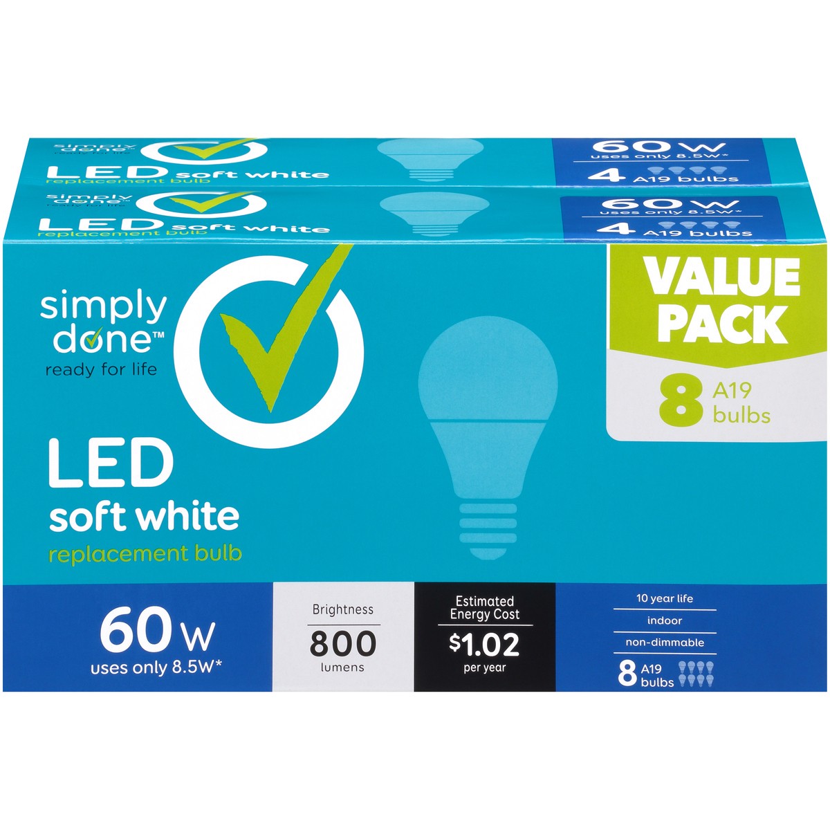 slide 1 of 8, Simply Done 60 W Led Replacement A19 Bulbs, Soft White, 8 ct