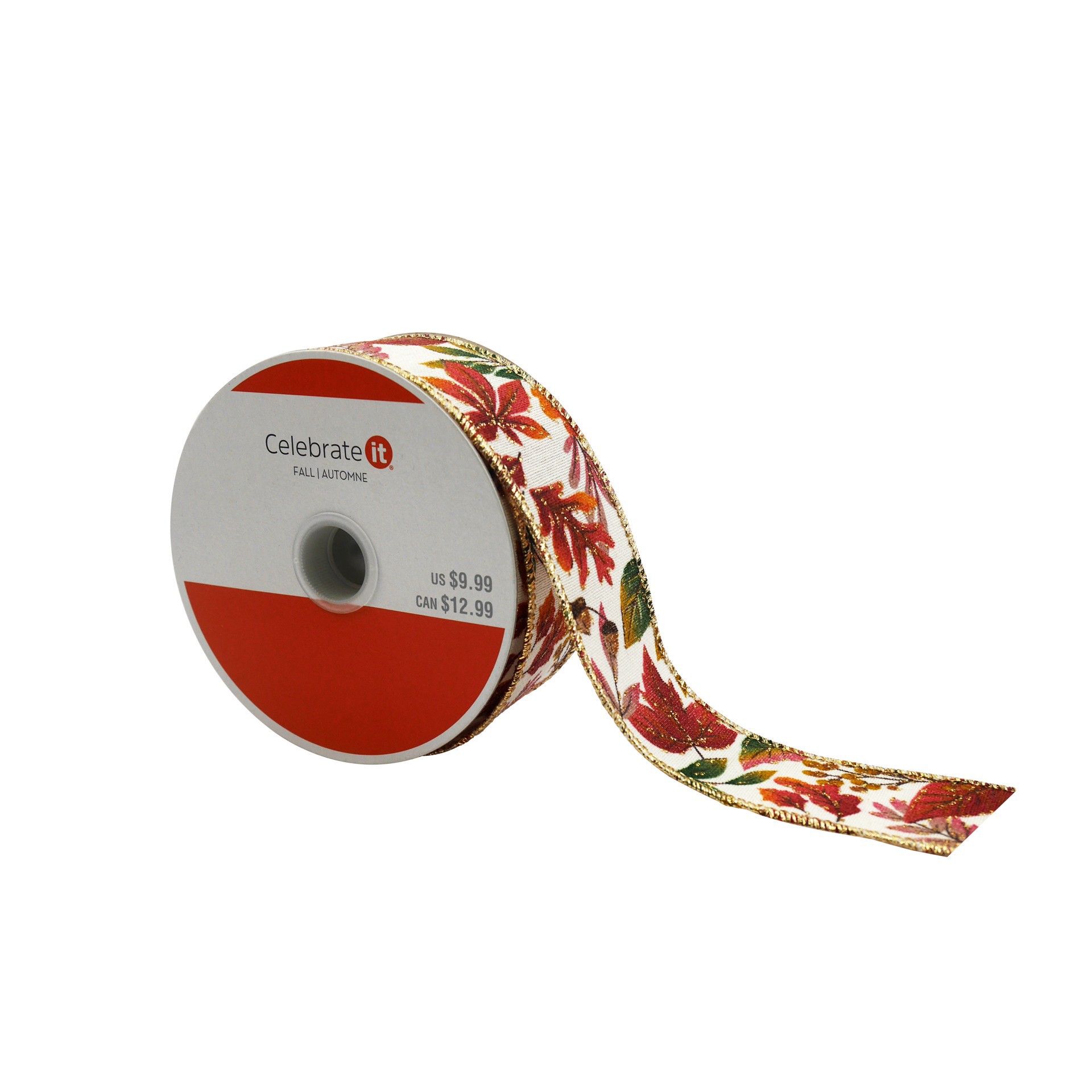 slide 3 of 3, 1.5" X 10yd. Gold & Red Faux Linen Fall Leaves Wired Ribbon By Celebrate It, 1.5 in x 10 yd