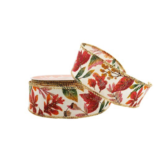 slide 1 of 3, 1.5" X 10yd. Gold & Red Faux Linen Fall Leaves Wired Ribbon By Celebrate It, 1.5 in x 10 yd