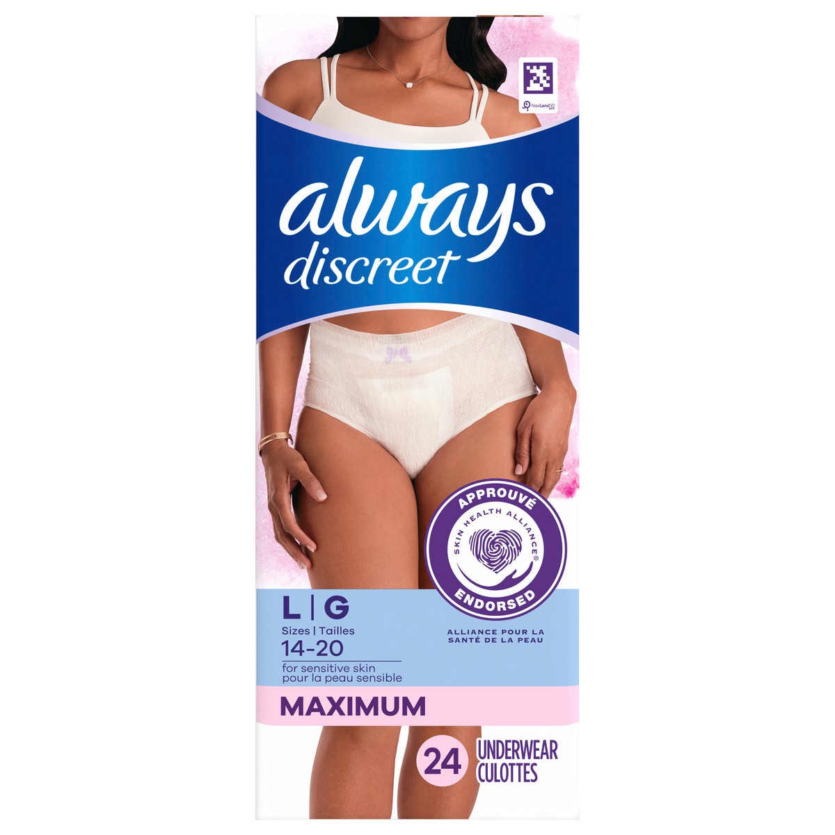 slide 2 of 2, Always Discreet for Sensitive Skin Underwear, Four Times Skin Protection, Dermatologically Tested, Fragrance-Free, Maximum Absorbency, L, 24 CT, 24 ct