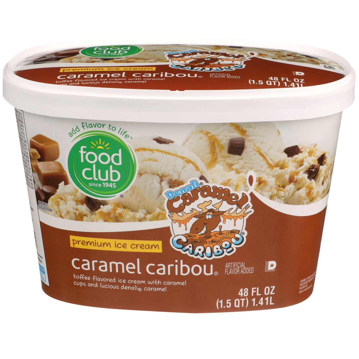 slide 1 of 1, Food Club Denali, Caramel Caribou Toffee Flavored Premium Ice Cream With Caramel Cups And Lucious Denali Caramel, 48 fl oz