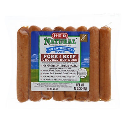 slide 1 of 1, H-E-B Natural Choice Antibiotic Free Pork & Beef Hot Dogs, 12 oz