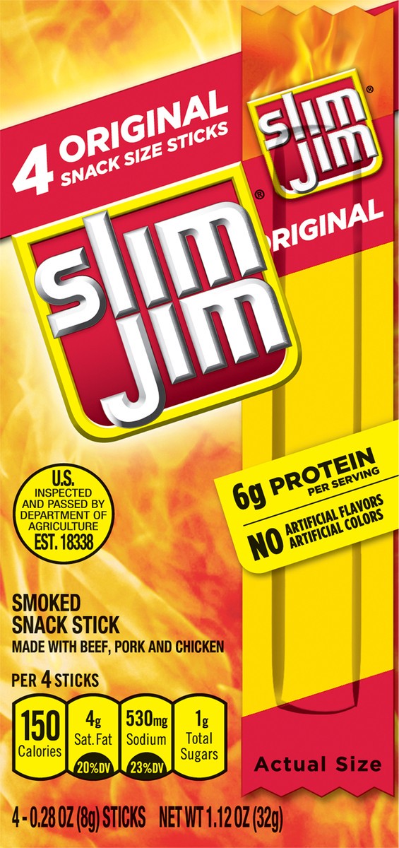 slide 7 of 9, Slim Jim Smoked Original Snack 4 - 0.28 oz Sticks, 4 ct; 1.12 oz