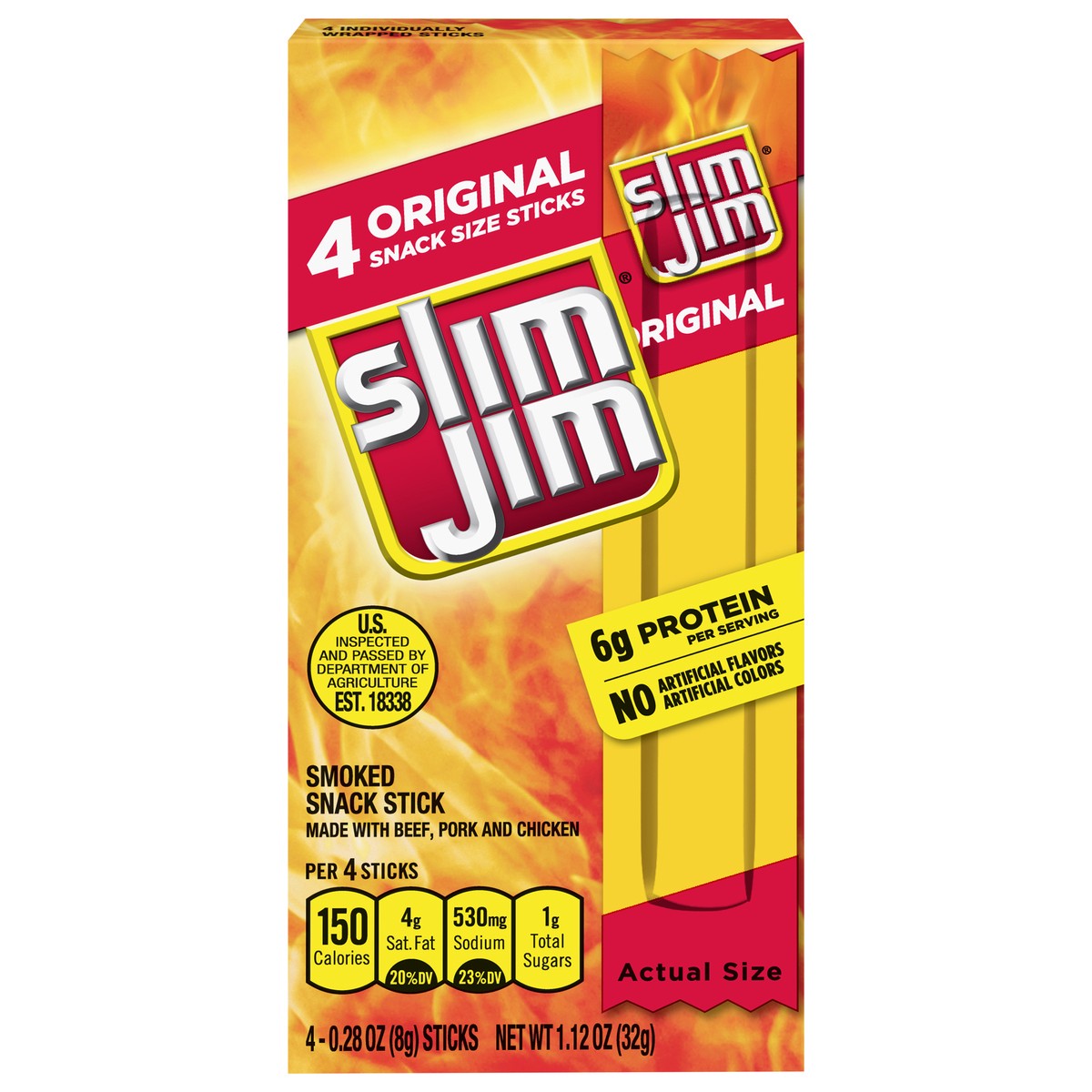 slide 1 of 9, Slim Jim Smoked Original Snack 4 - 0.28 oz Sticks, 4 ct; 1.12 oz