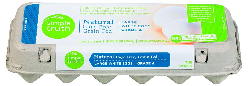 slide 1 of 1, Simple Truth Natural Cage Free Grain Fed Large White Eggs Grade A, 12 ct