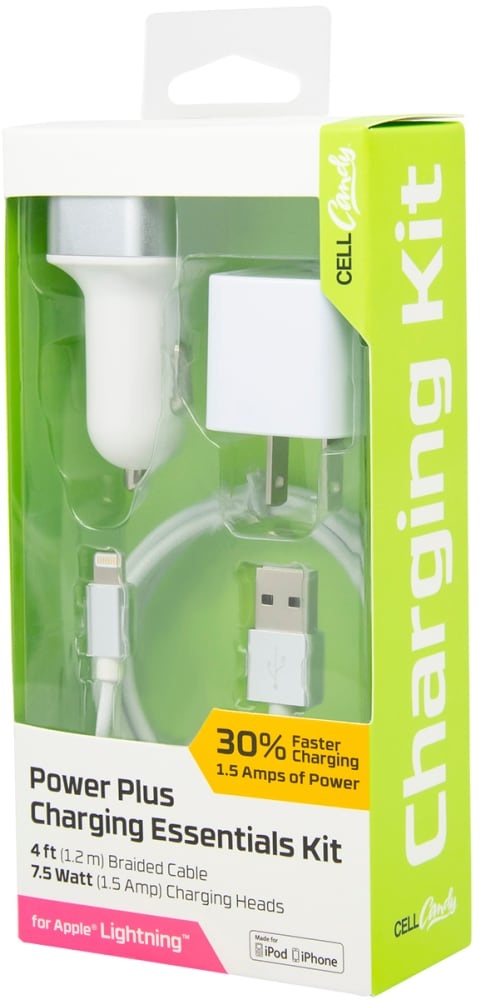 slide 1 of 1, Cellcandy Power Plus Lightning Cable Charging Essentials Kit - White/Silver, 3 ct