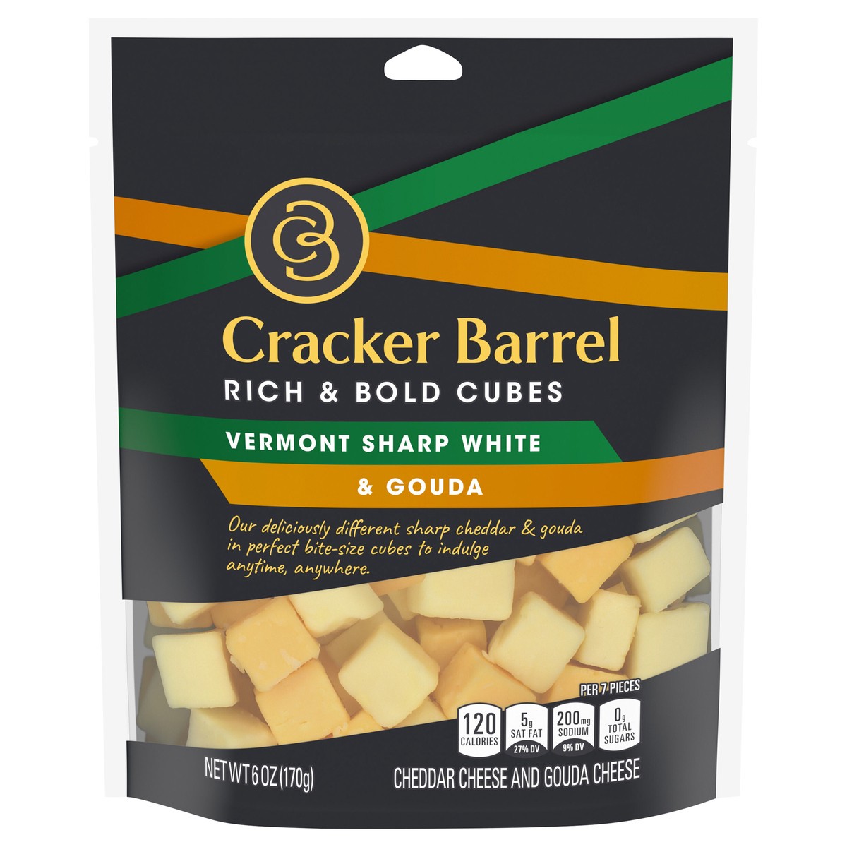 slide 1 of 10, Cracker Barrel Rich & Bold Vermont Sharp White Cheddar & Gouda Cheese Cubes, 6 oz Bag, 6 oz