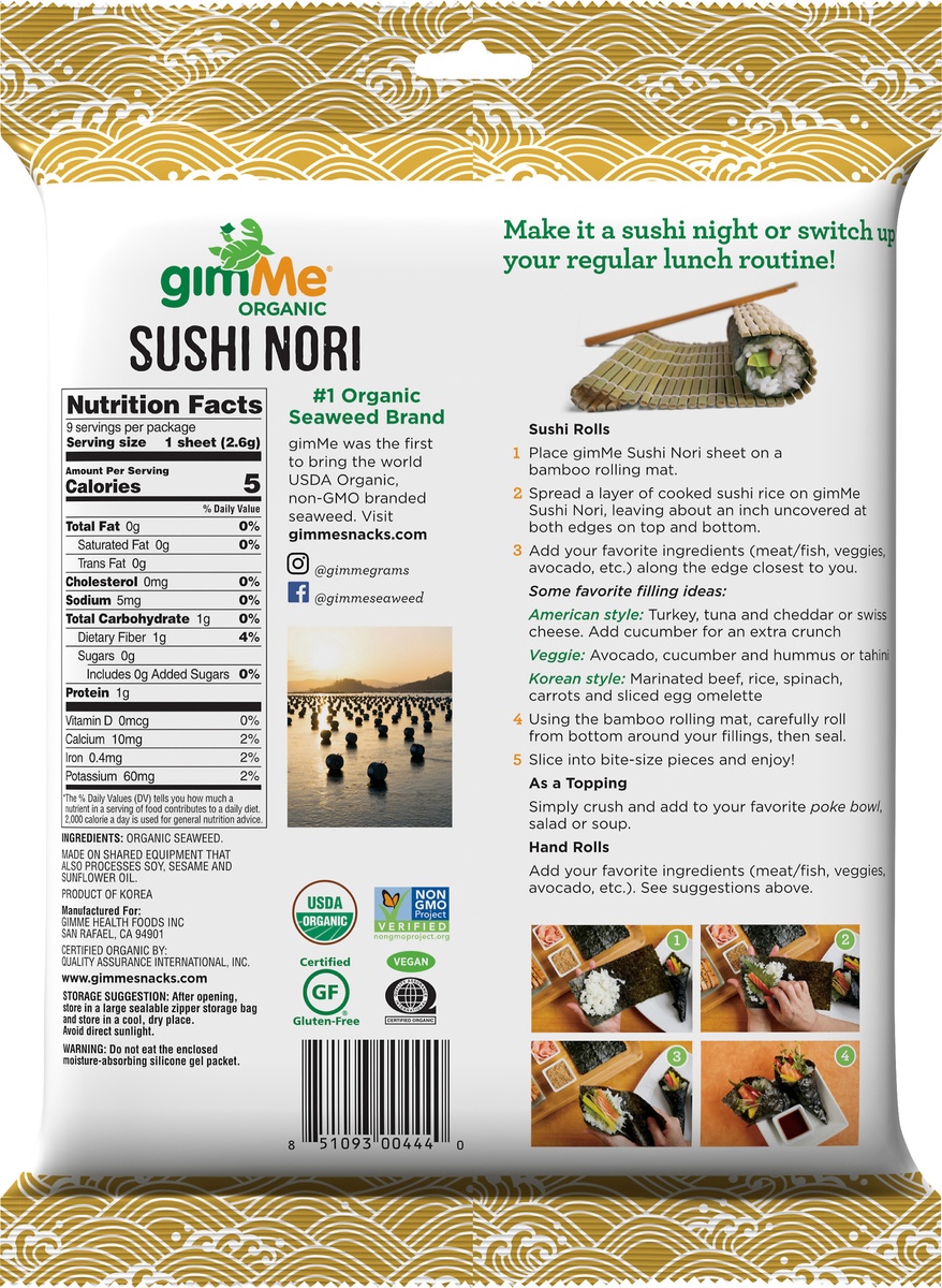 slide 5 of 6, gimMe Organic Sushi Nori Roasted Seaweed, 10 ct