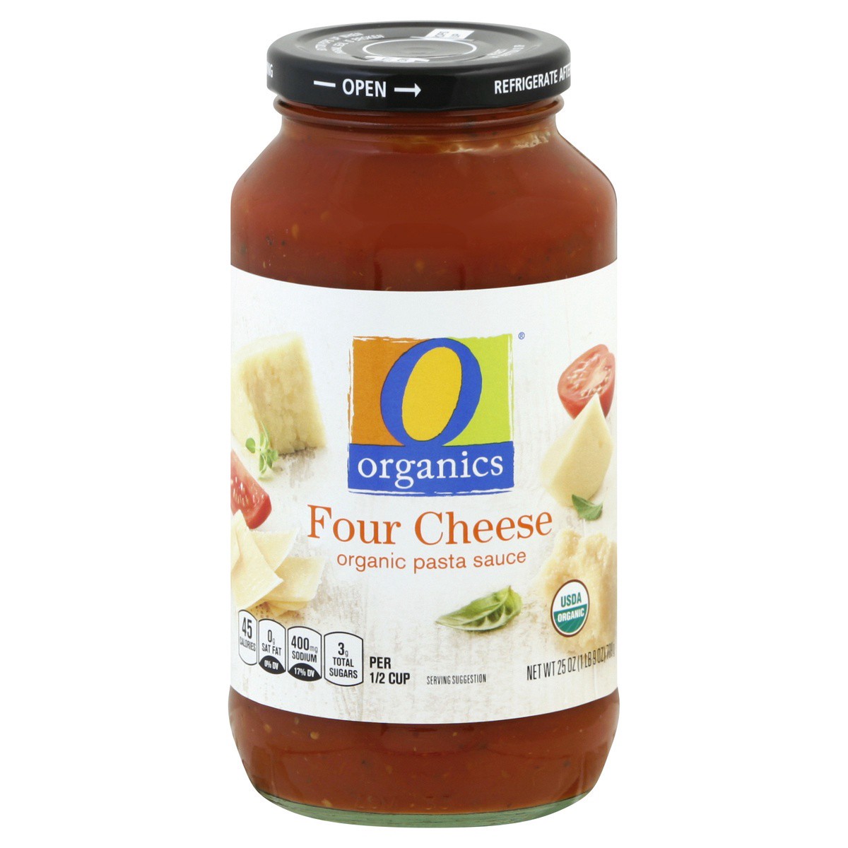 slide 1 of 2, O Organics Organic Four Cheese Pasta Sauce, 25 oz