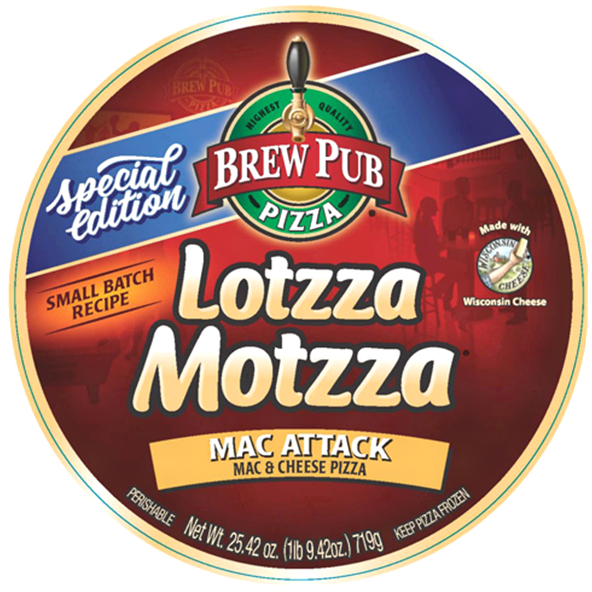 slide 1 of 1, Brew Pub Lotzza Motzza Mac Attack Pizza, 25.42 oz