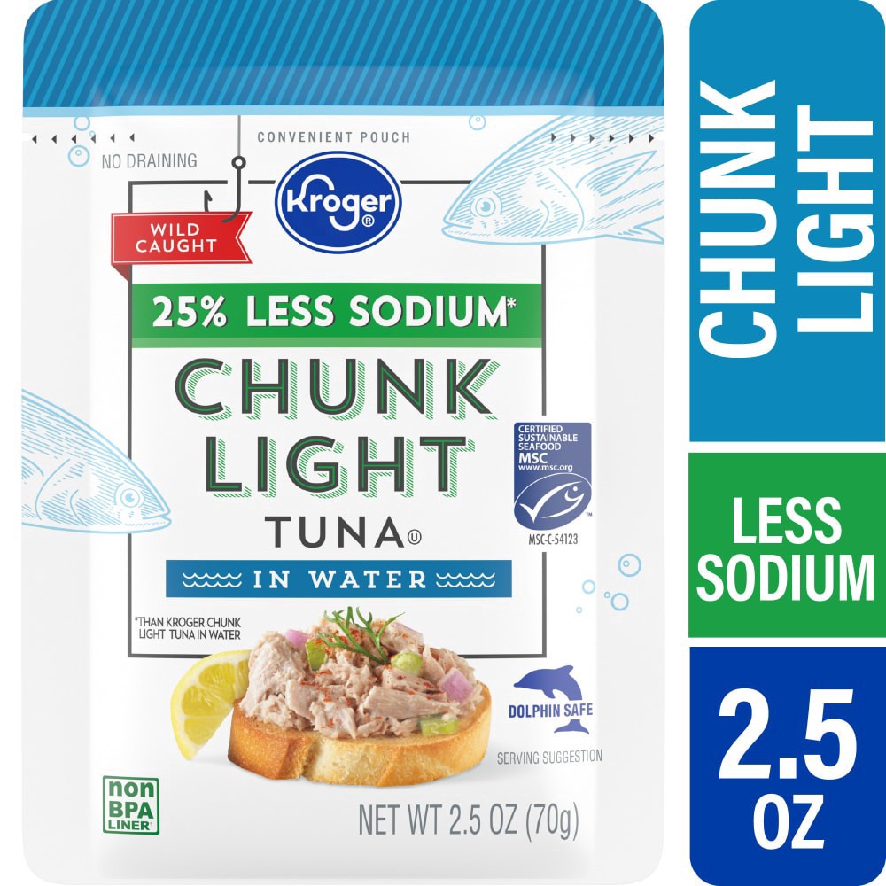 slide 1 of 1, Kroger® Less Sodium Wild Caught Chunk Light Tuna in Water, 2.5 oz, 2.5 oz