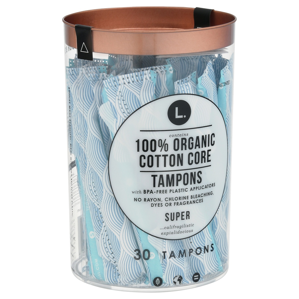 slide 3 of 10, L. Super 100% Organic Cotton Core Unscented Tampons 30 Tampons 30 ea, 30 ct