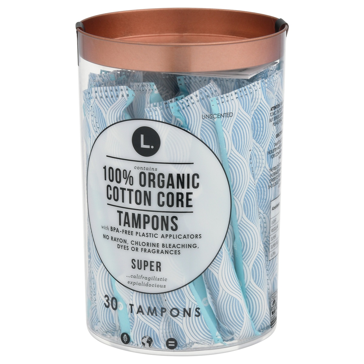 slide 4 of 10, L. Super 100% Organic Cotton Core Unscented Tampons 30 Tampons 30 ea, 30 ct