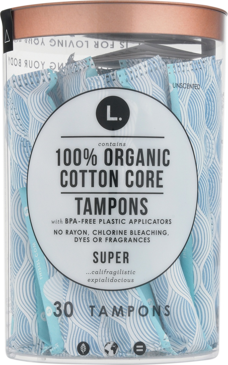 slide 8 of 10, L. Super 100% Organic Cotton Core Unscented Tampons 30 Tampons 30 ea, 30 ct
