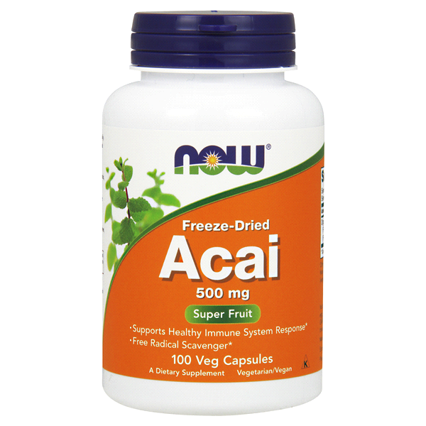 slide 1 of 1, Now Naturals, Acai, Freeze-Dried Super Fruit with Polyphenols, Ellagic Acid, Rutin, Anthocyanins and Catechins, 100 Veg Capsules, 500 mg