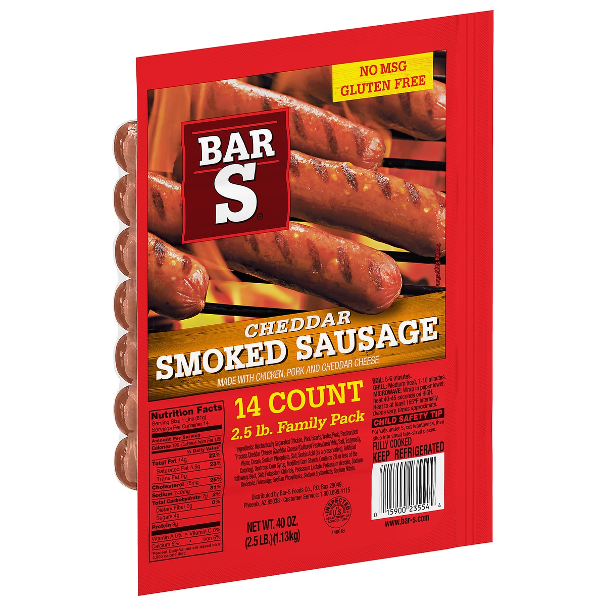 slide 2 of 10, Bar-S Cheese Skinless Smoked Sausage Links, 2.5 lb