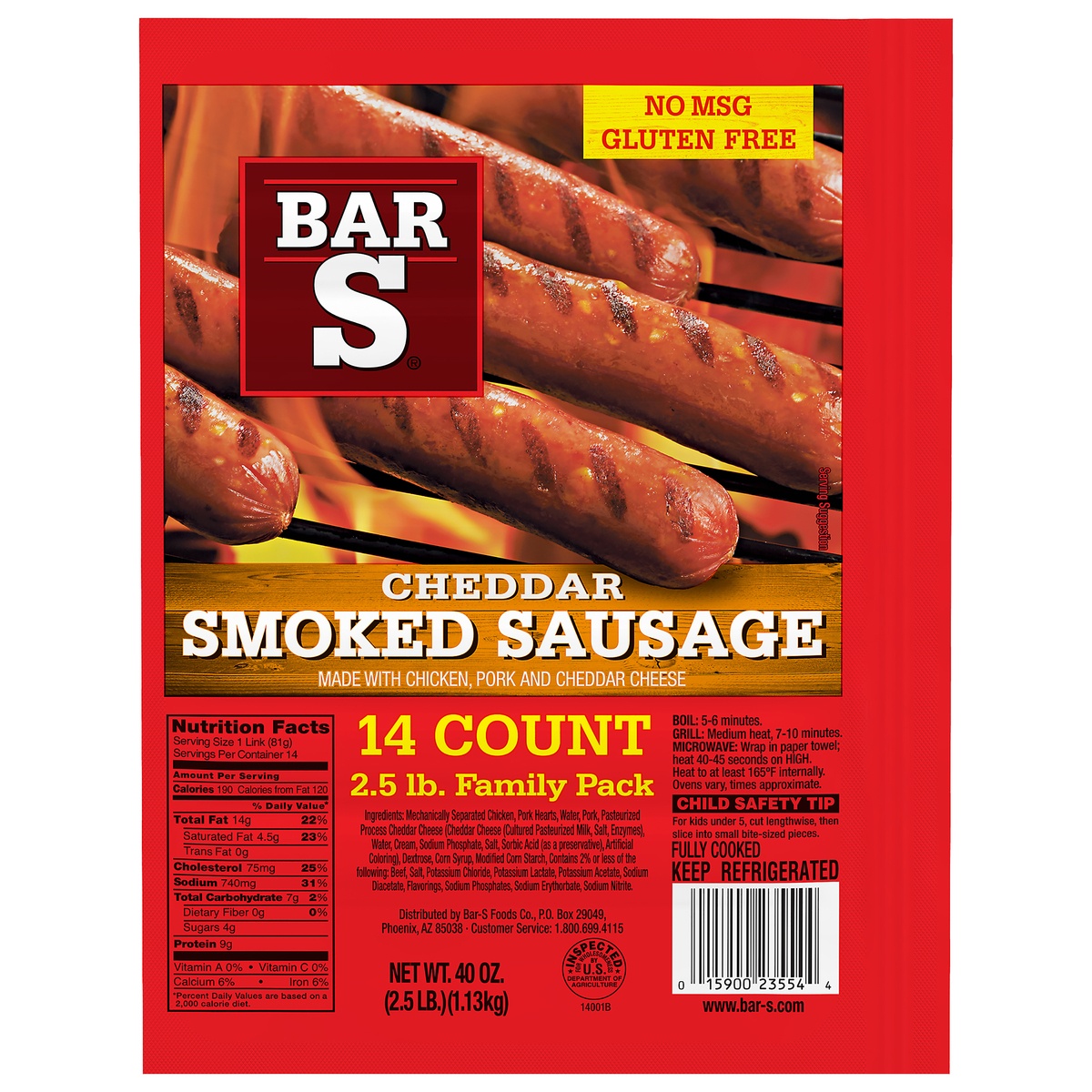 slide 1 of 10, Bar-S Cheese Skinless Smoked Sausage Links, 2.5 lb