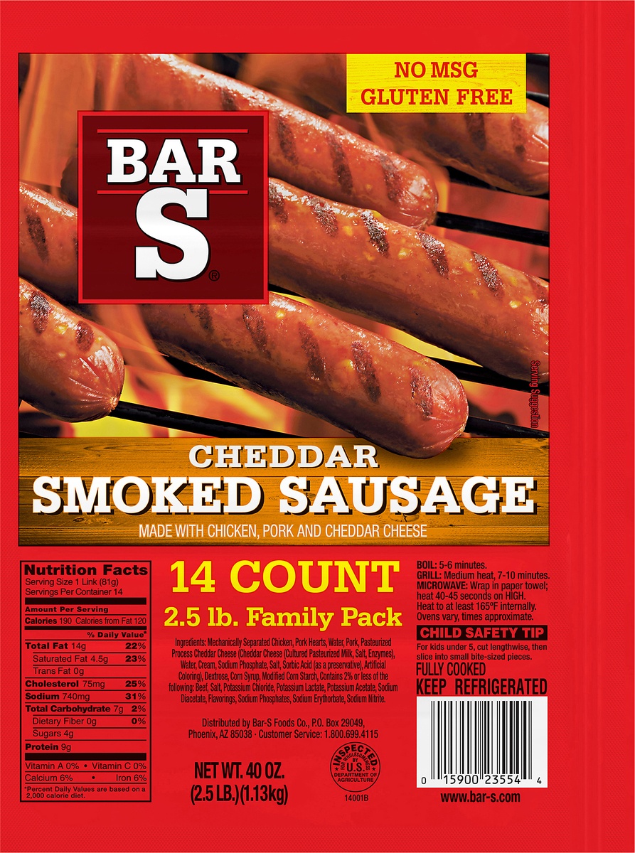 slide 9 of 10, Bar-S Cheese Skinless Smoked Sausage Links, 2.5 lb