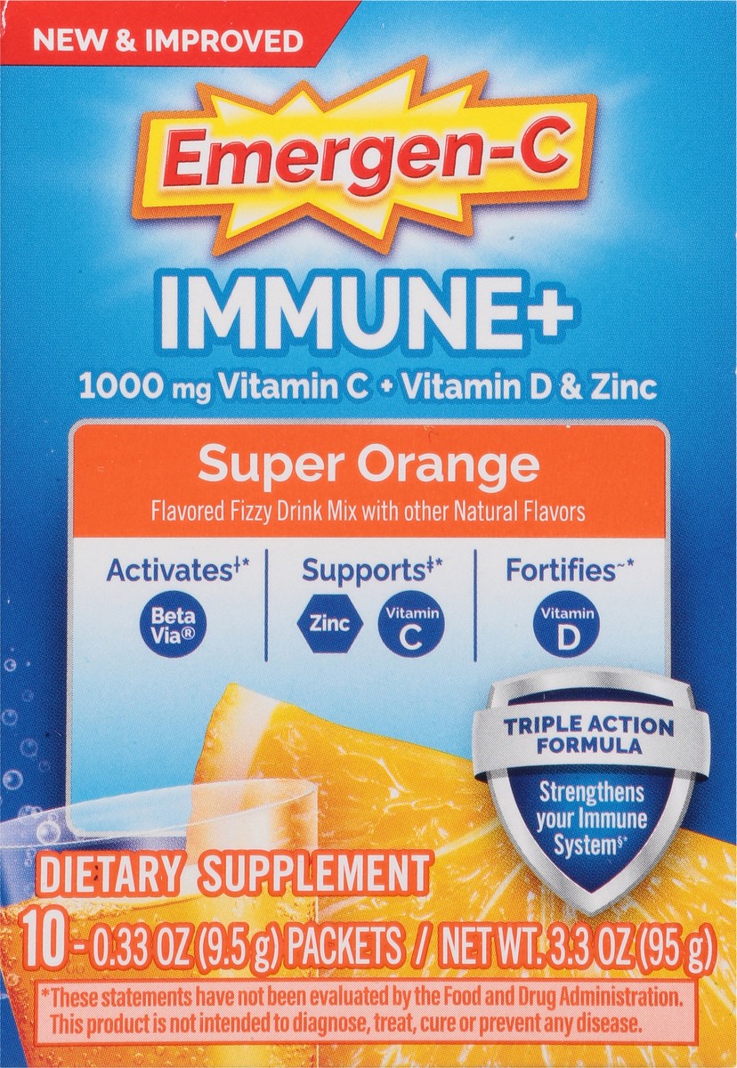 slide 12 of 12, Emergen-C Immune+ Triple Action Vitamin C Powder, BetaVia (R), Super Orange – 10 Count, 10 ct / 3.3 oz
