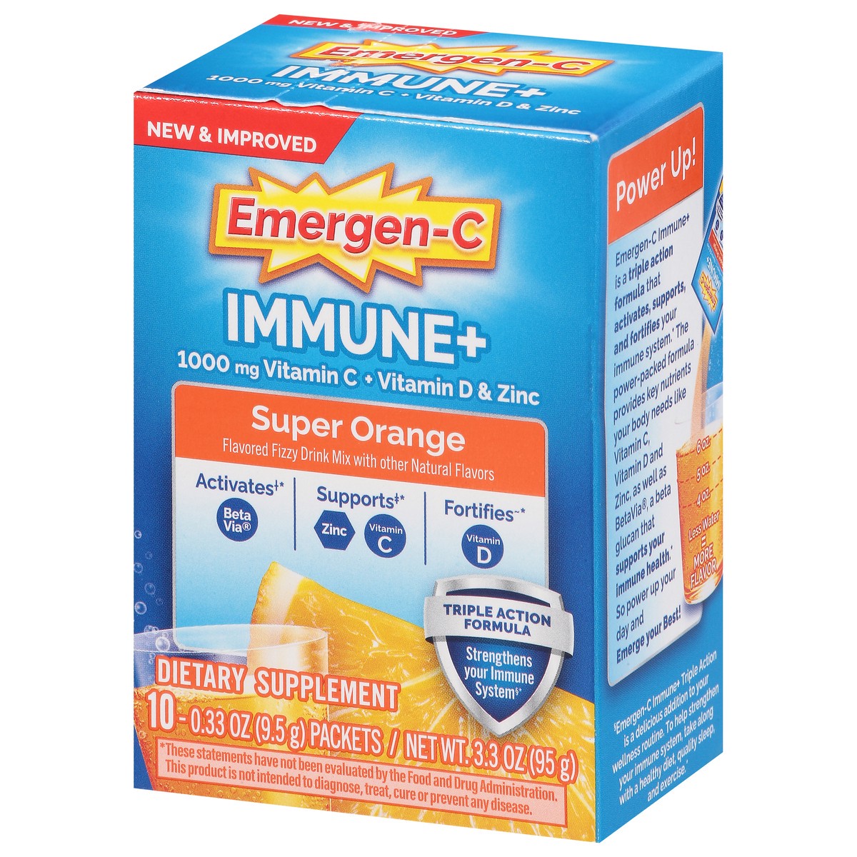 slide 4 of 12, Emergen-C Immune+ Triple Action Vitamin C Powder, BetaVia (R), Super Orange – 10 Count, 10 ct / 3.3 oz