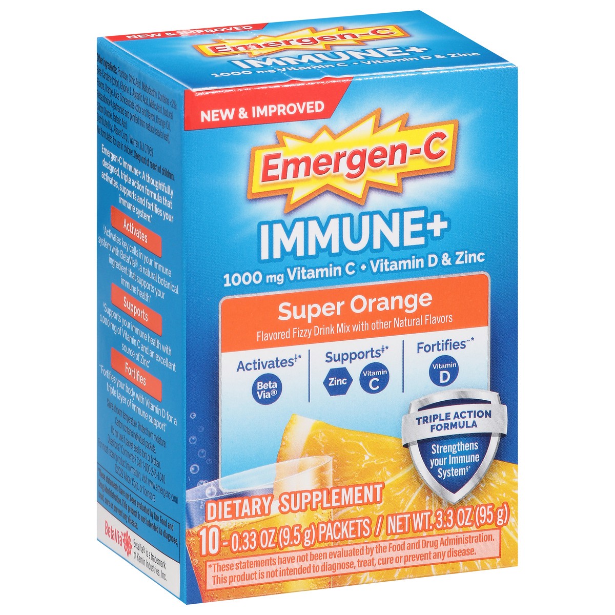 slide 10 of 12, Emergen-C Immune+ Triple Action Vitamin C Powder, BetaVia (R), Super Orange – 10 Count, 10 ct / 3.3 oz