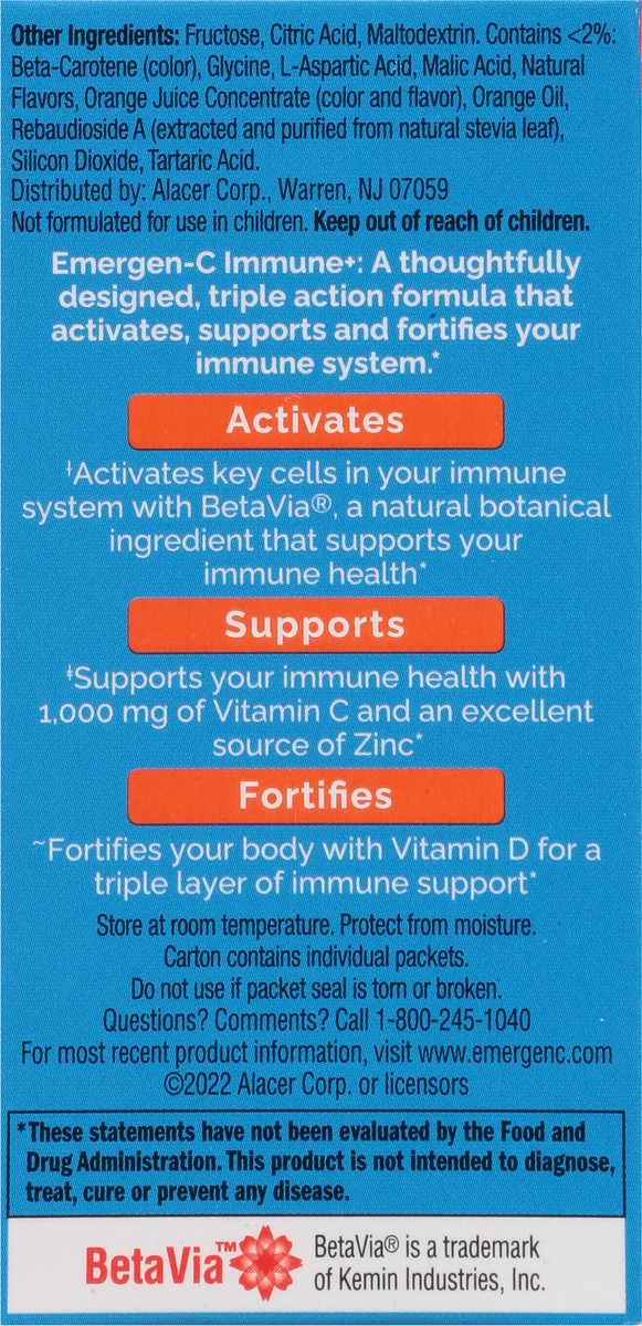 slide 2 of 12, Emergen-C Immune+ Triple Action Vitamin C Powder, BetaVia (R), Super Orange – 10 Count, 10 ct / 3.3 oz