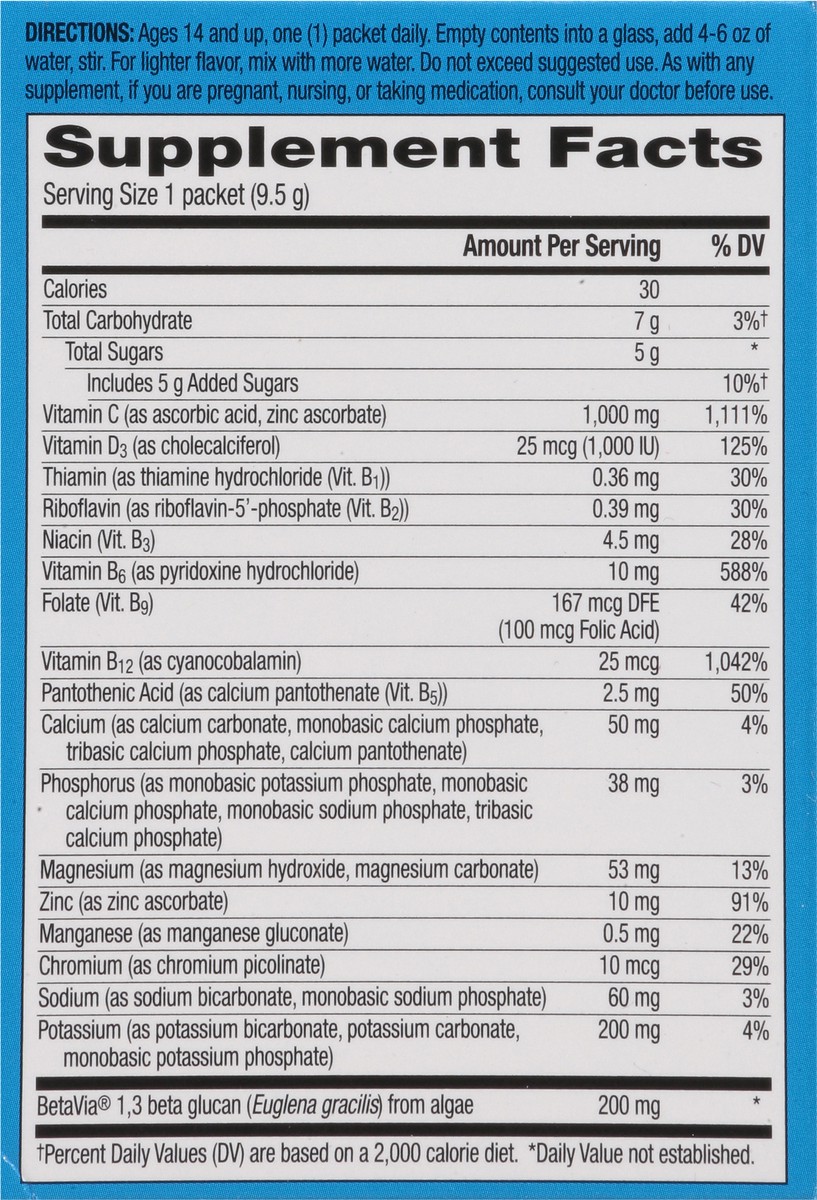 slide 5 of 12, Emergen-C Immune+ Triple Action Vitamin C Powder, BetaVia (R), Super Orange – 10 Count, 10 ct / 3.3 oz