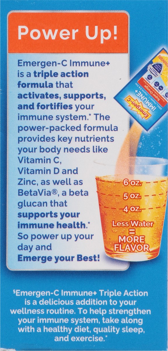 slide 3 of 12, Emergen-C Immune+ Triple Action Vitamin C Powder, BetaVia (R), Super Orange – 10 Count, 10 ct / 3.3 oz