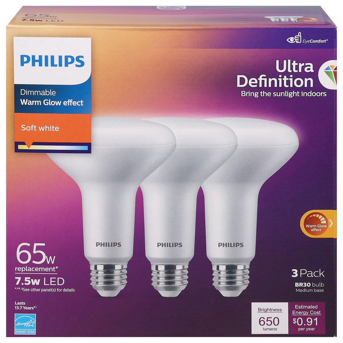 slide 2 of 12, Philips 65 Watts 7.5W Soft White Warm Glow Effect Dimmable LED Light Bulbs 3 ea, 3 ct