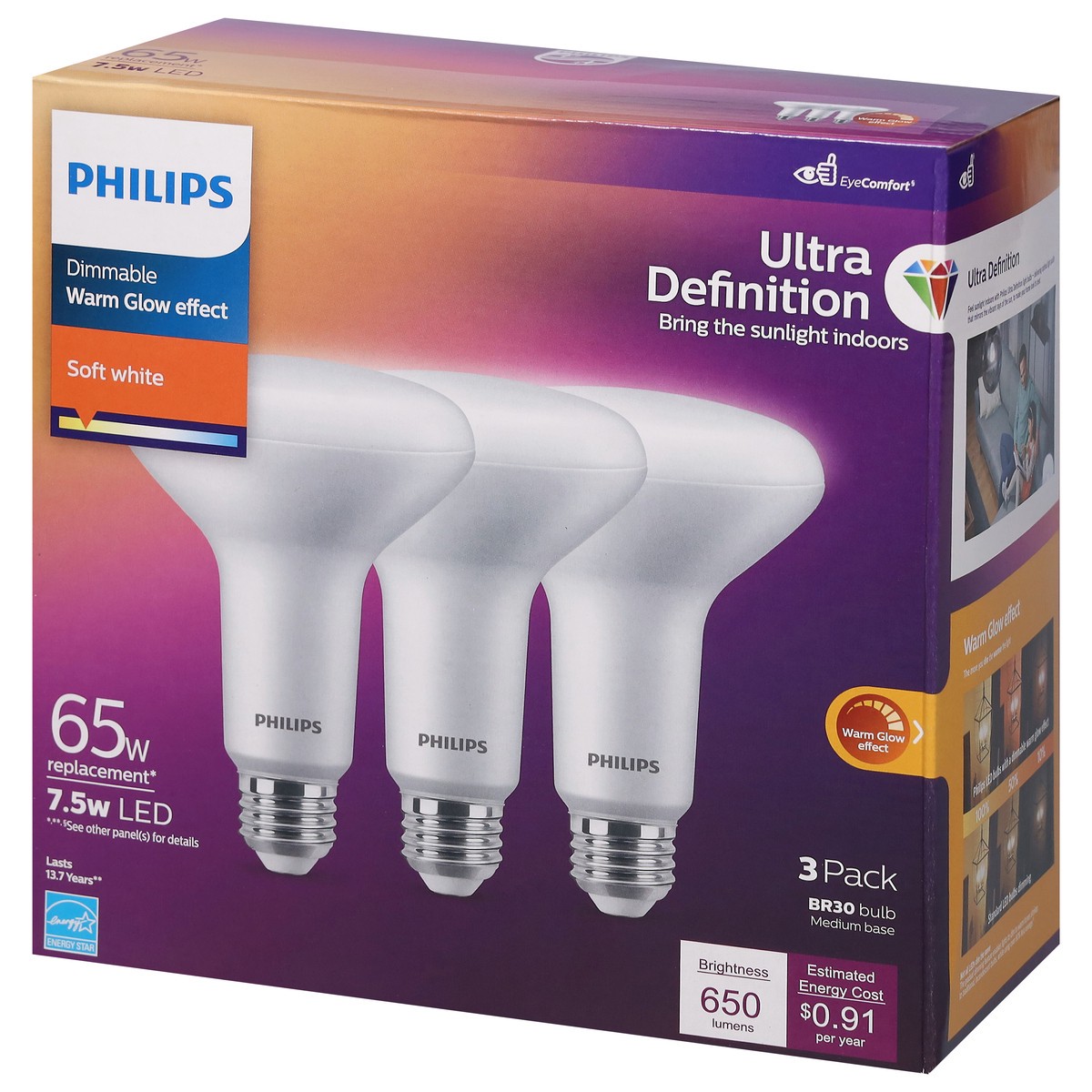 slide 4 of 12, Philips 65 Watts 7.5W Soft White Warm Glow Effect Dimmable LED Light Bulbs 3 ea, 3 ct