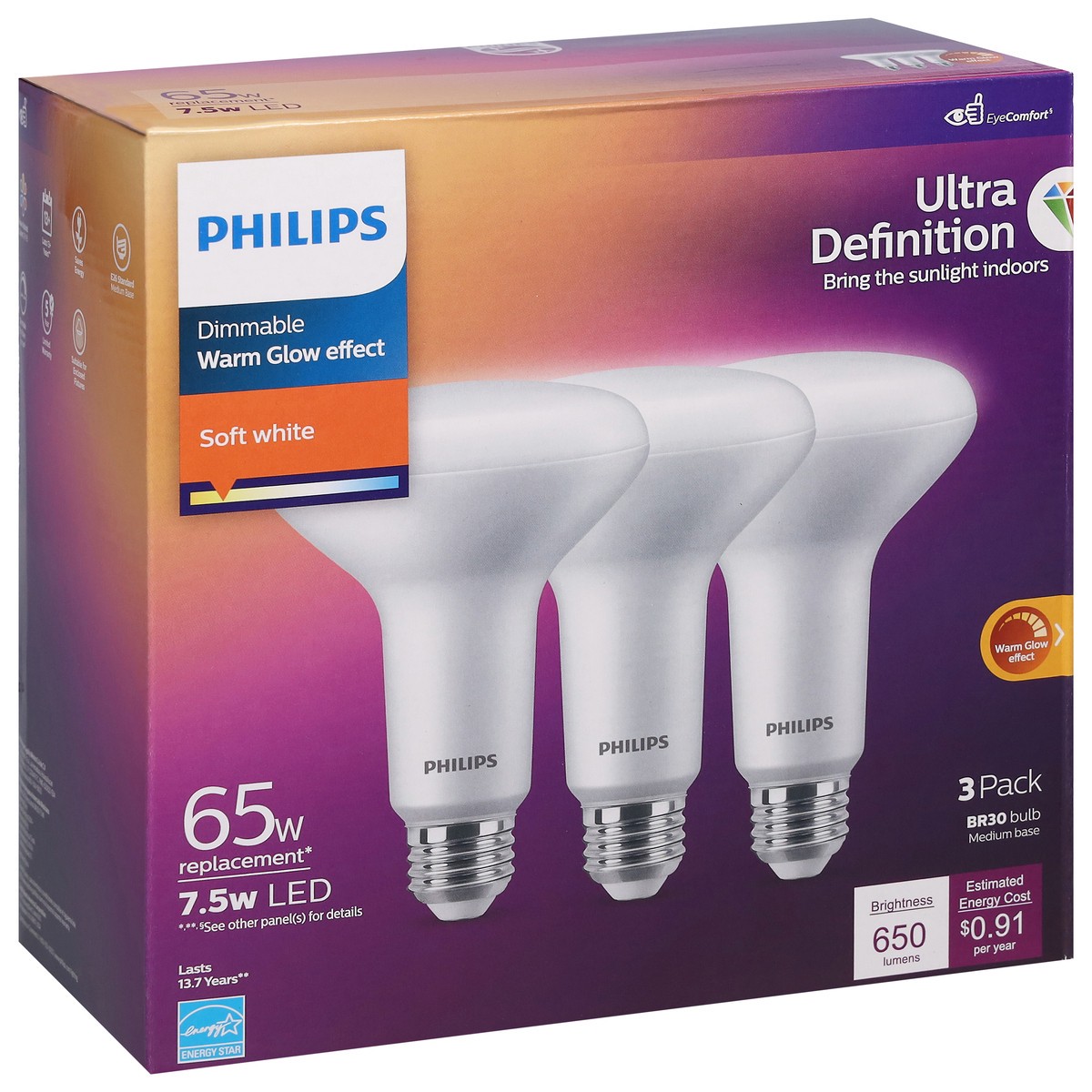 slide 10 of 12, Philips 65 Watts 7.5W Soft White Warm Glow Effect Dimmable LED Light Bulbs 3 ea, 3 ct