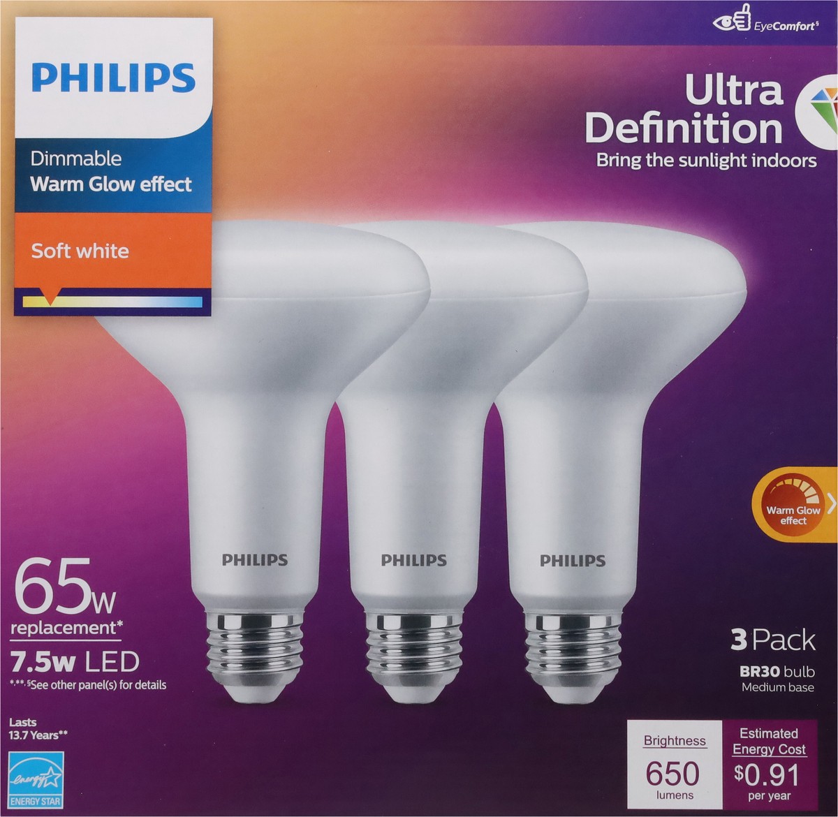 slide 11 of 12, Philips 65 Watts 7.5W Soft White Warm Glow Effect Dimmable LED Light Bulbs 3 ea, 3 ct
