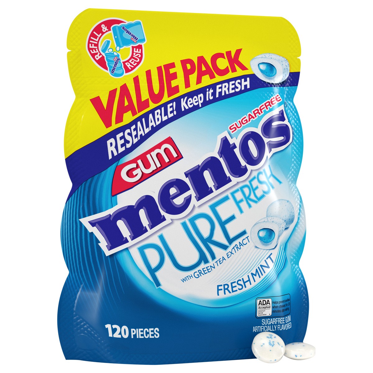 slide 2 of 9, Mentos Pure Fresh Sugar-Free Chewing Gum, Xylitol, Fresh Mint Flavor, Resealable Bag, 120 Piece (Pack of 1), 120 ct