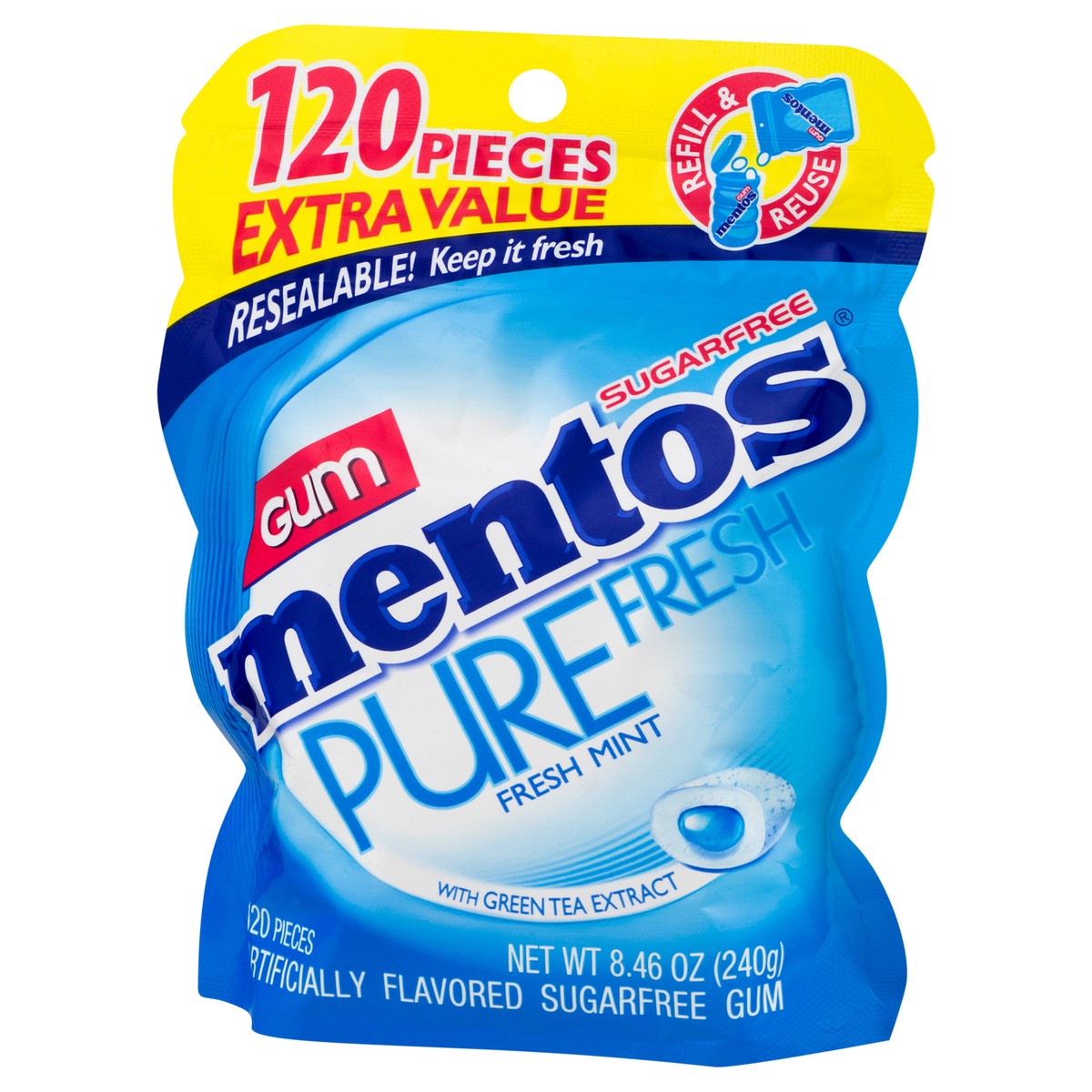 slide 3 of 9, Mentos Pure Fresh Sugar-Free Chewing Gum, Xylitol, Fresh Mint Flavor, Resealable Bag, 120 Piece (Pack of 1), 120 ct