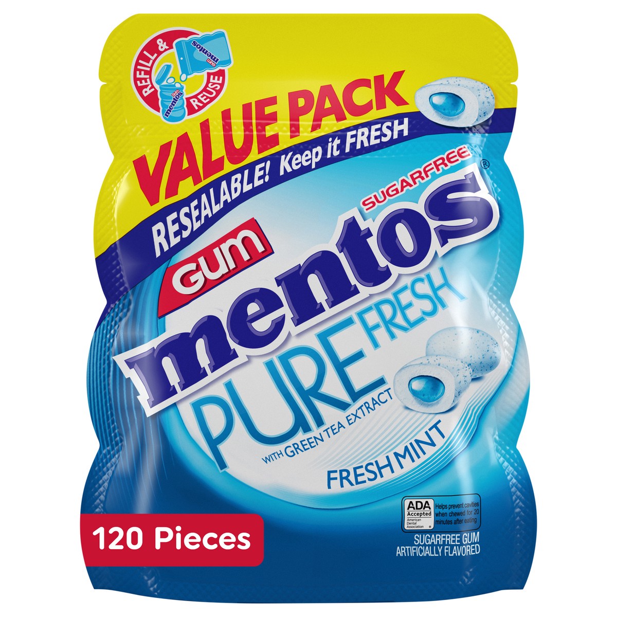 slide 1 of 9, Mentos Pure Fresh Sugar-Free Chewing Gum, Xylitol, Fresh Mint Flavor, Resealable Bag, 120 Piece (Pack of 1), 120 ct