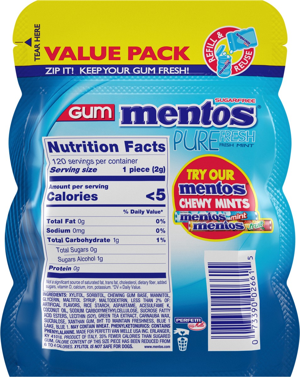 slide 5 of 9, Mentos Pure Fresh Sugar-Free Chewing Gum, Xylitol, Fresh Mint Flavor, Resealable Bag, 120 Piece (Pack of 1), 120 ct